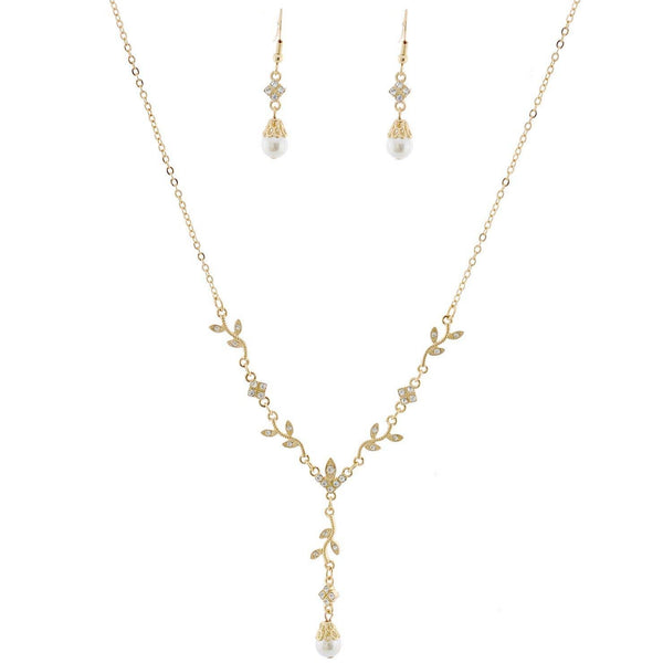 Faux Pearl Flower Leap Crystal Bridal Necklace Set