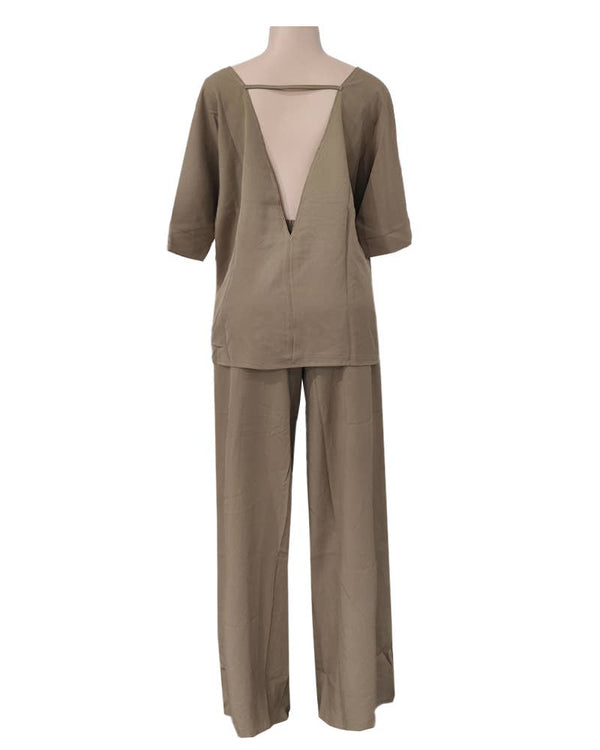 V-Neck Bat-Sleeve Casual Top Wide-Leg Pants Set
