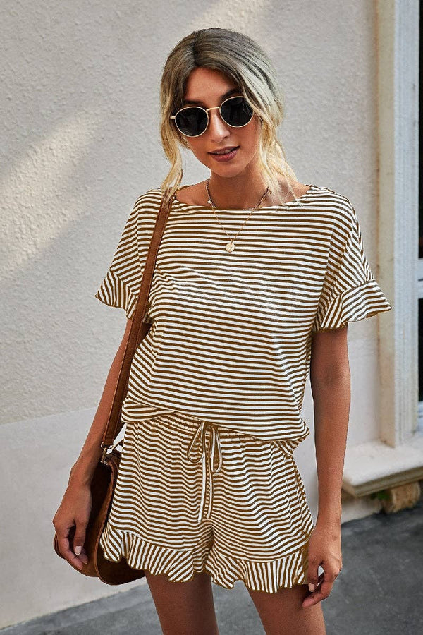 Round Neck Striped Top Short Set