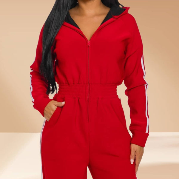 Jumpsuit Hooded Lined Fleece Side Stripes