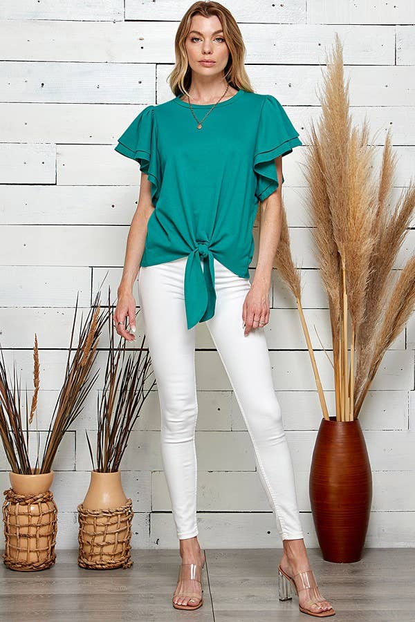 SPT5075. - WOMEN SOLID DOUBLE RUFFLED SLEEVE TOP W FRONT TIE