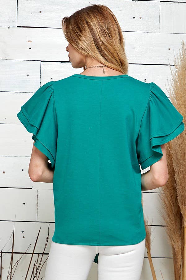SPT5075. - WOMEN SOLID DOUBLE RUFFLED SLEEVE TOP W FRONT TIE