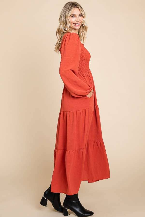 CWD1869L-Square Neck Smock Long Dress: L / BLACK