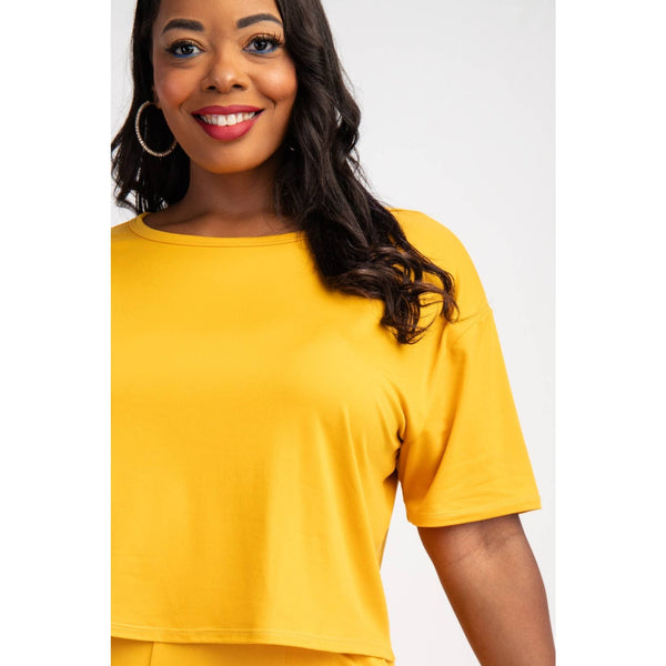 PLUS SIZE SHORT SLEEVE TOP AND WIDE TIERED LEG PANTS SET
