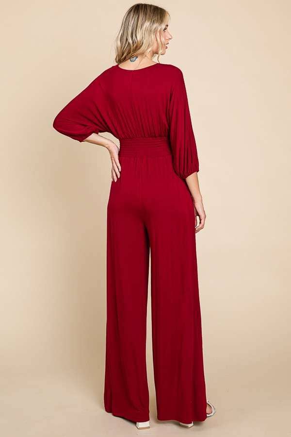 CAR1779Q-Smocking Waist Wide Jumpsuit