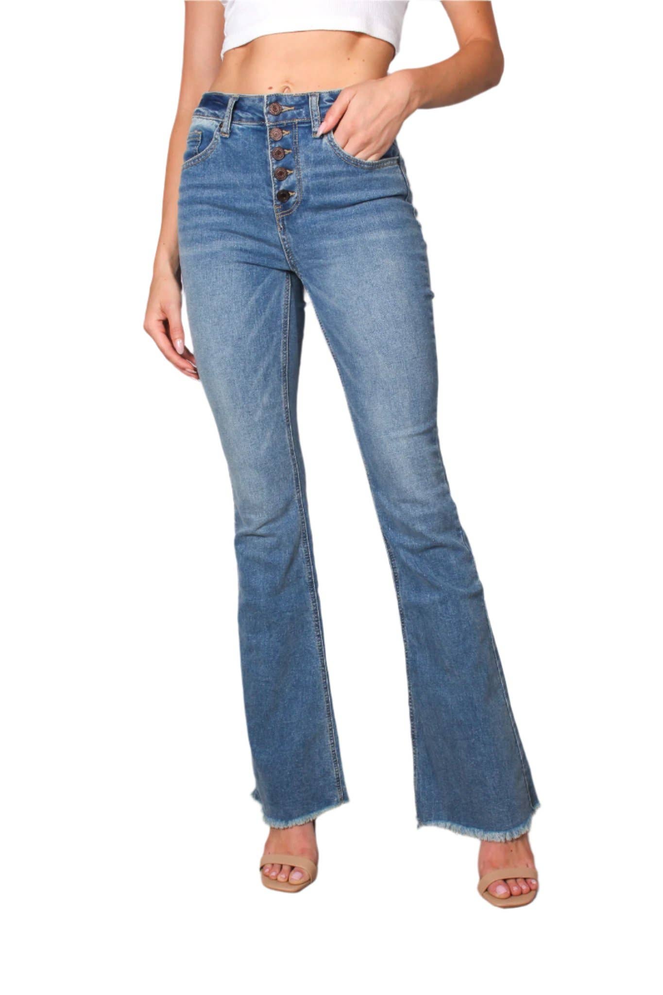 Women's High Waist Five Buttons Raw Hem Flare Jeans