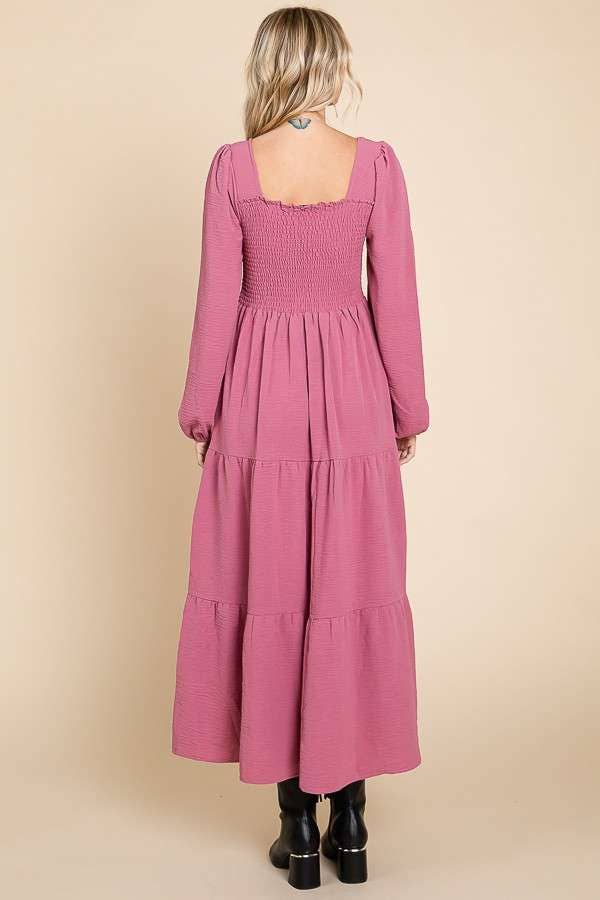 CWD1869L-Square Neck Smock Long Dress: L / BLACK
