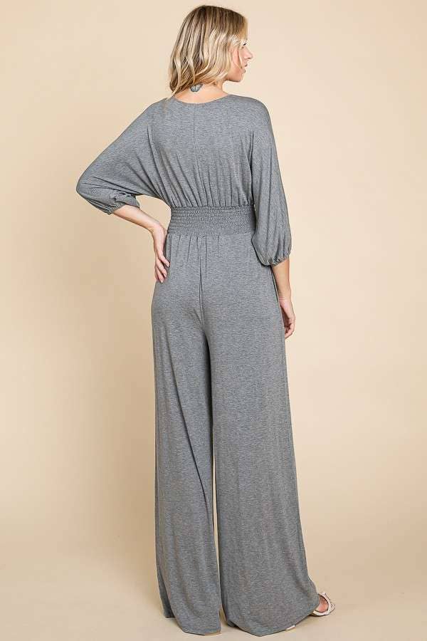 CAR1779Q-Smocking Waist Wide Jumpsuit