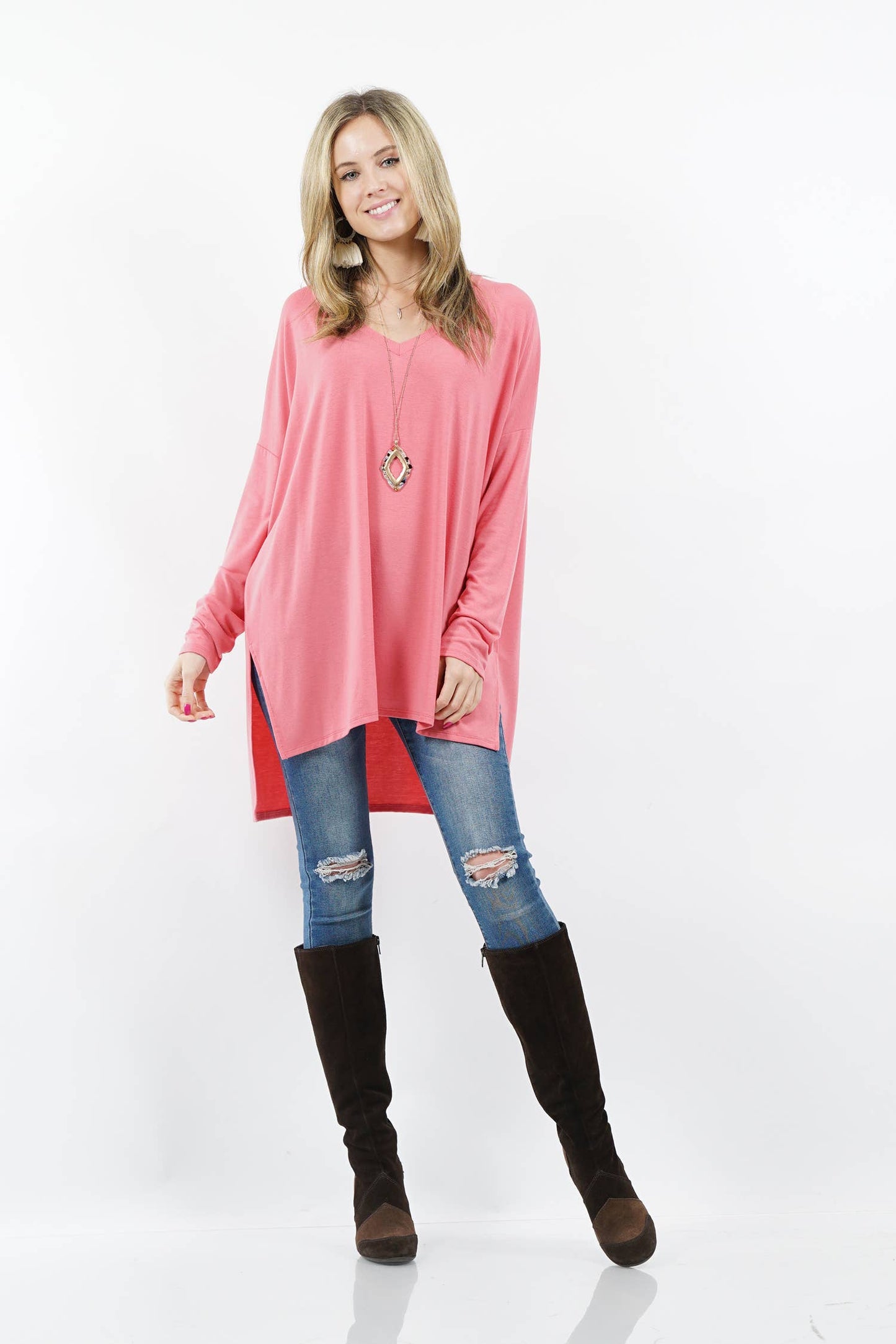 DOLMAN LONG SLEEVE V-NECK SIDE SLIT HI-LOW HEM TOP