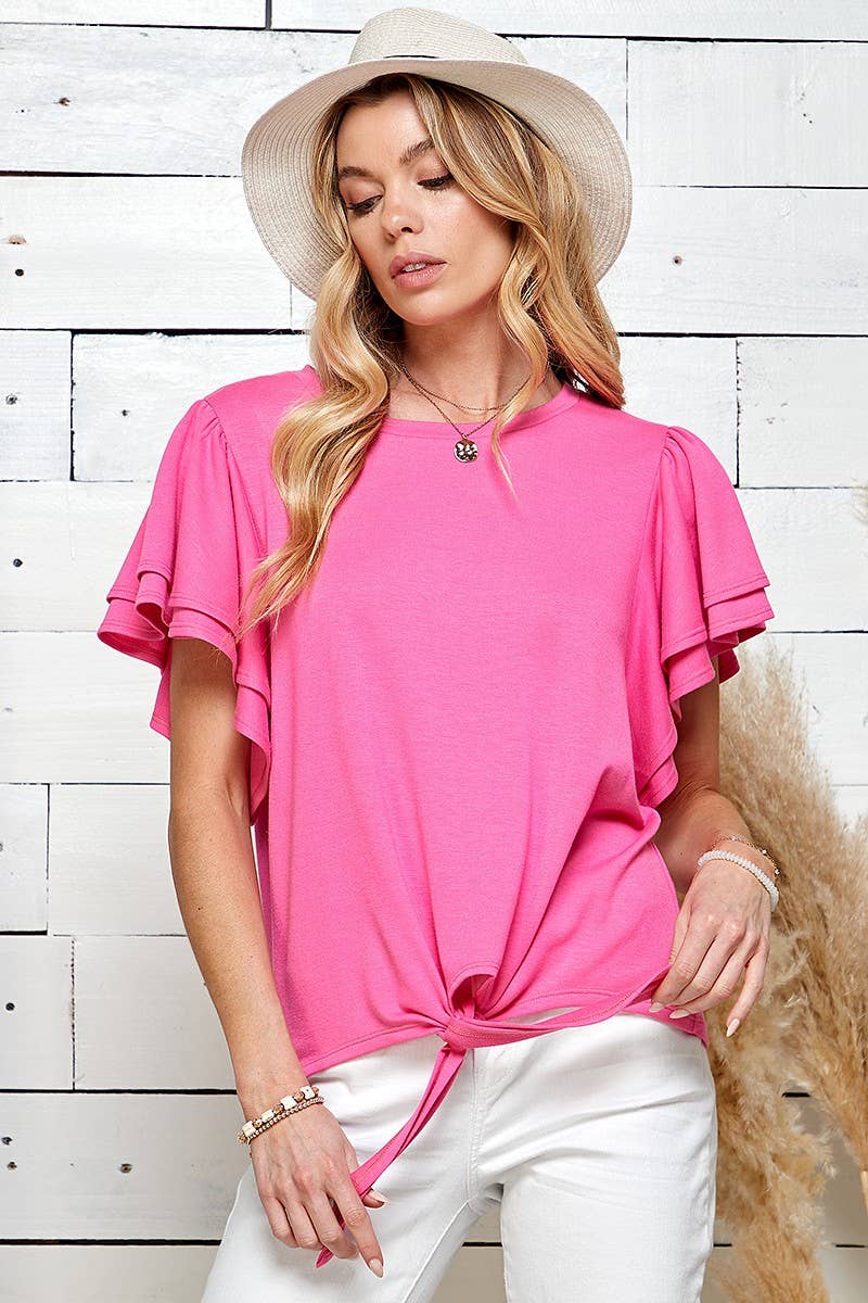 SPT5075. - WOMEN SOLID DOUBLE RUFFLED SLEEVE TOP W FRONT TIE