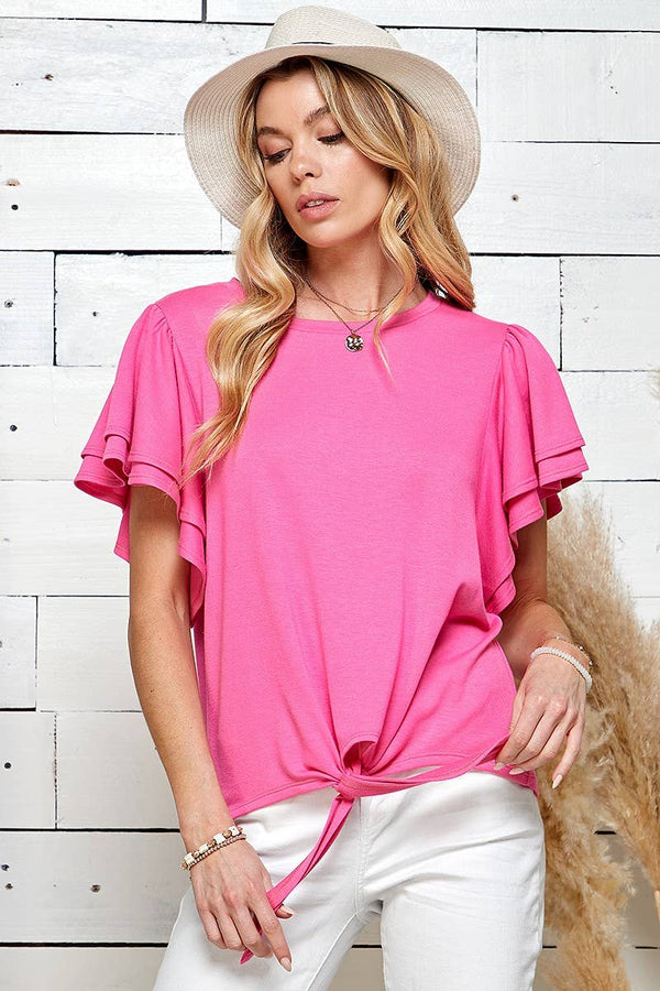 SPT5075. - WOMEN SOLID DOUBLE RUFFLED SLEEVE TOP W FRONT TIE