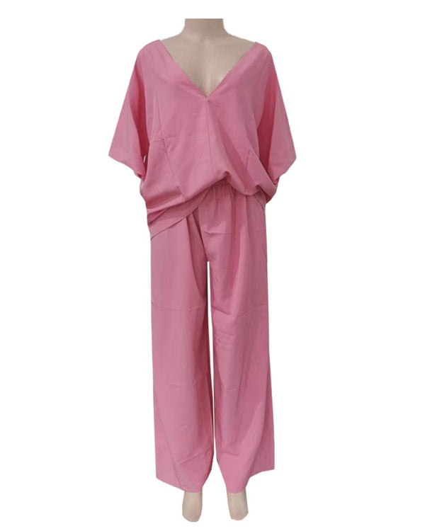 V-Neck Bat-Sleeve Casual Top Wide-Leg Pants Set