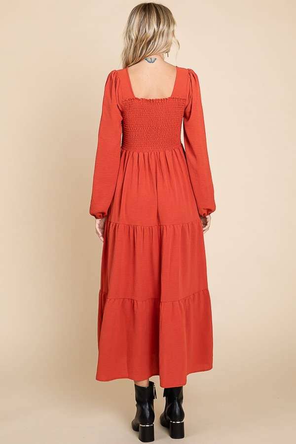 CWD1869L-Square Neck Smock Long Dress: S / MEDIUM ROSE