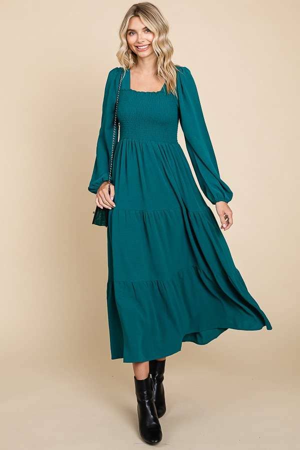 CWD1869L-Square Neck Smock Long Dress: L / BLACK