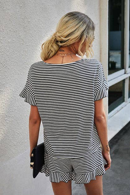 Round Neck Striped Top Short Set
