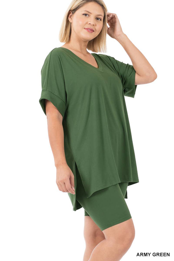 PLUS SIZE V-NCEK HI-LOW HEM TOP & BIKER SHORTS SET