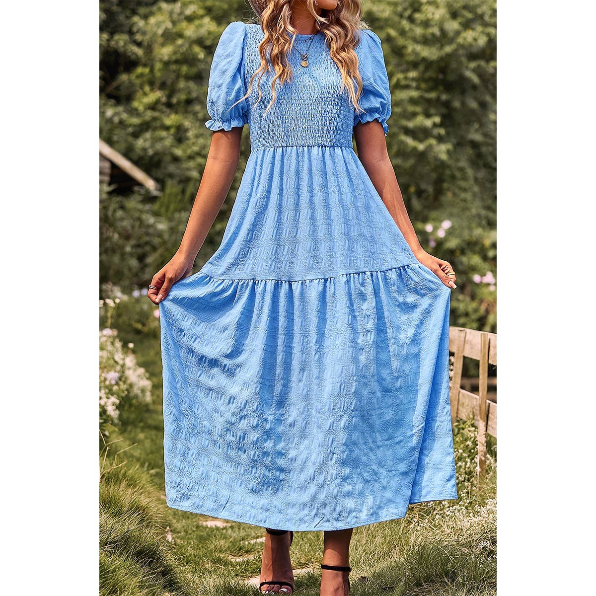 Pleated Tiered Solid Short Puff Sleeve A Line Dress