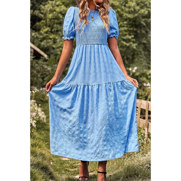 Pleated Tiered Solid Short Puff Sleeve A Line Dress