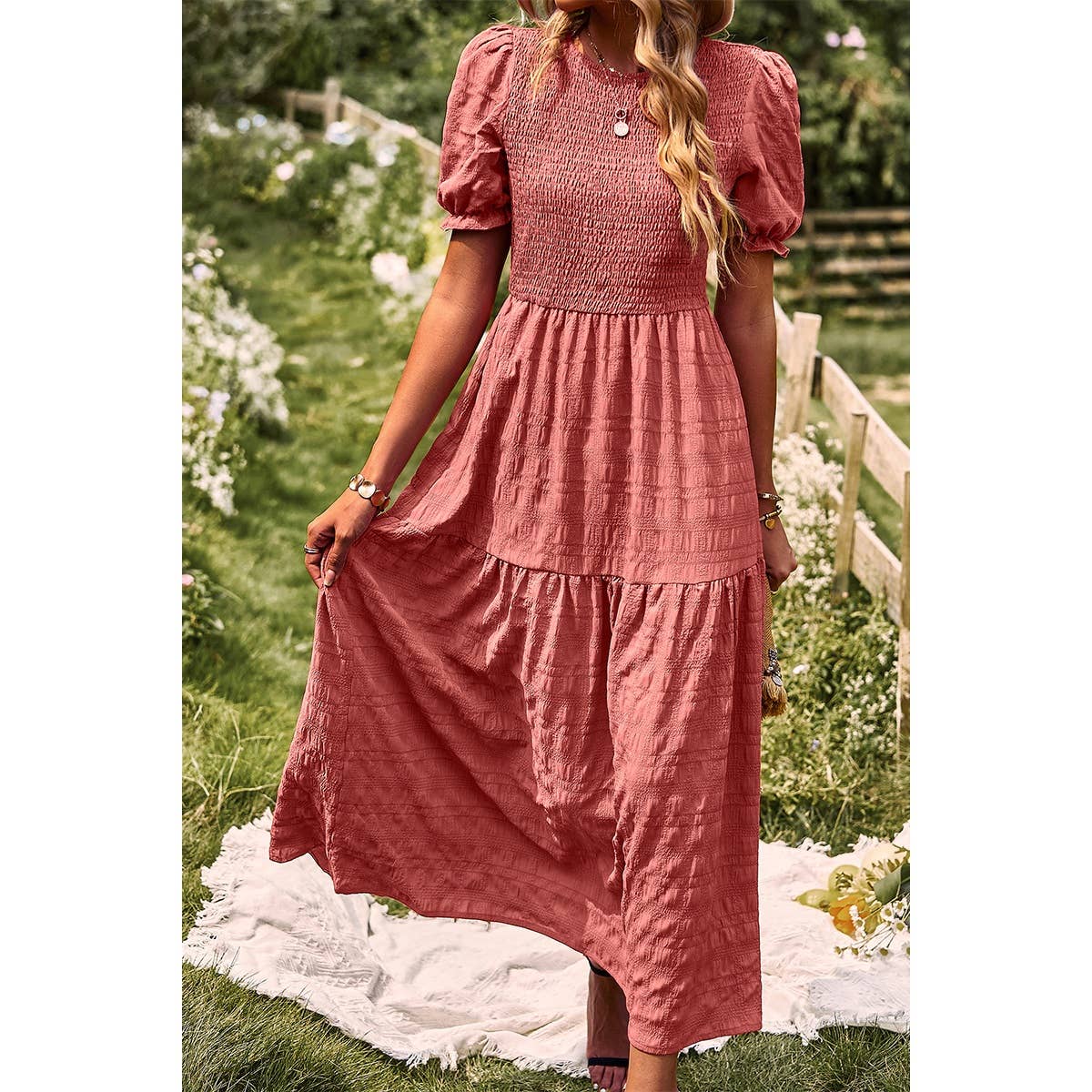 Pleated Tiered Solid Short Puff Sleeve A Line Dress