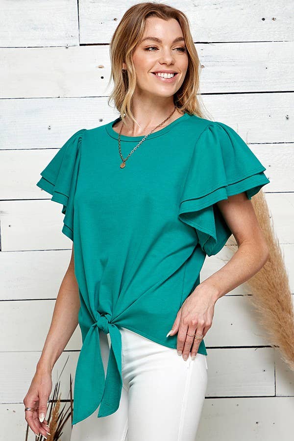 SPT5075. - WOMEN SOLID DOUBLE RUFFLED SLEEVE TOP W FRONT TIE