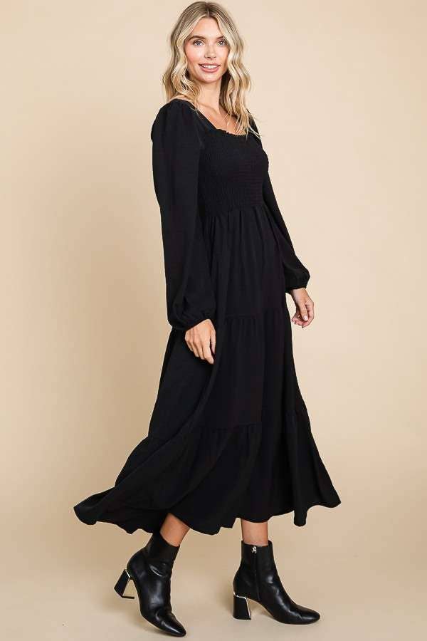 CWD1869L-Square Neck Smock Long Dress: L / BLACK
