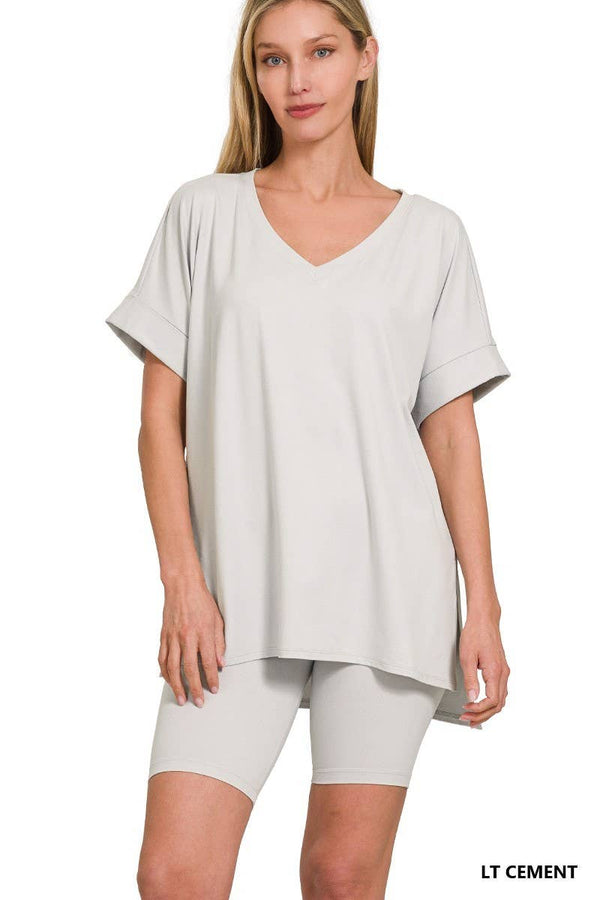 Brushed Dty Microfiber V-neck Top & Biker Shorts