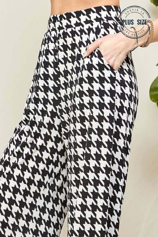SPP8002AP - PLUS SIZE HOUNDSTOOTH PALAZZO HIGH WAISTED PANTS