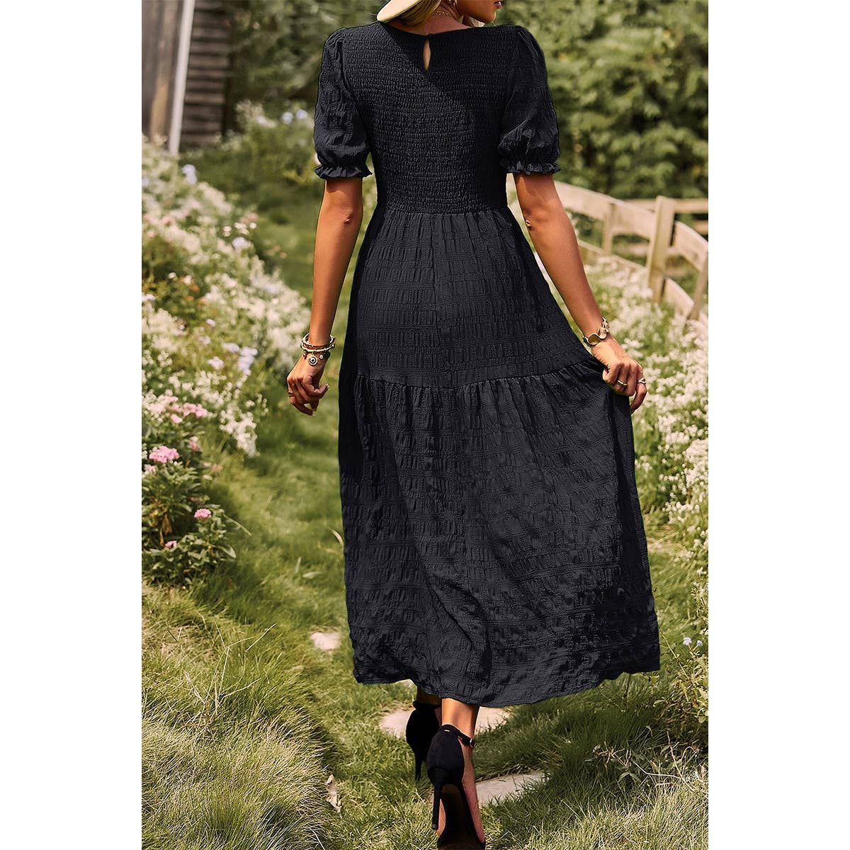Pleated Tiered Solid Short Puff Sleeve A Line Dress