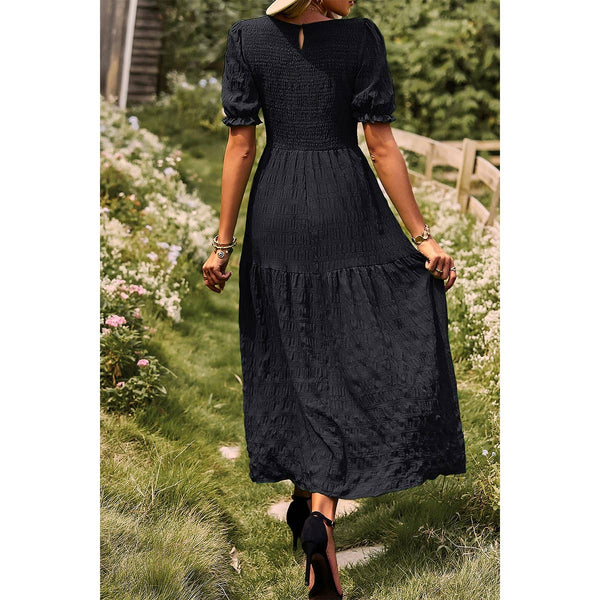 Pleated Tiered Solid Short Puff Sleeve A Line Dress