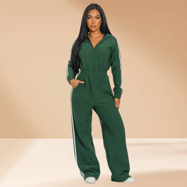 Jumpsuit Hooded Lined Fleece Side Stripes