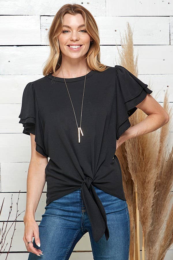 SPT5075. - WOMEN SOLID DOUBLE RUFFLED SLEEVE TOP W FRONT TIE