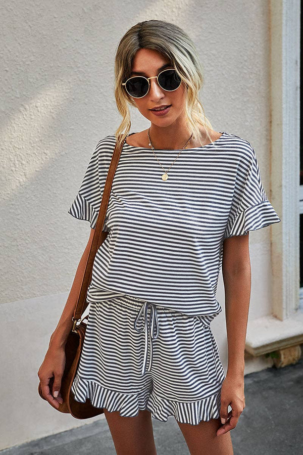 Round Neck Striped Top Short Set
