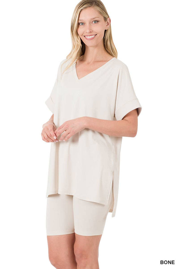 Brushed Dty Microfiber V-neck Top & Biker Shorts
