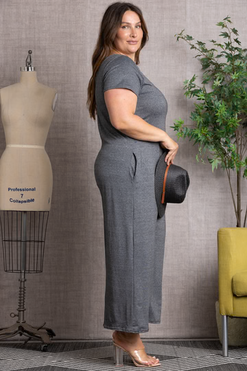 GREY SHORT SLEEVES WIDE LEG PLUS SIZE JUMPSUIT 