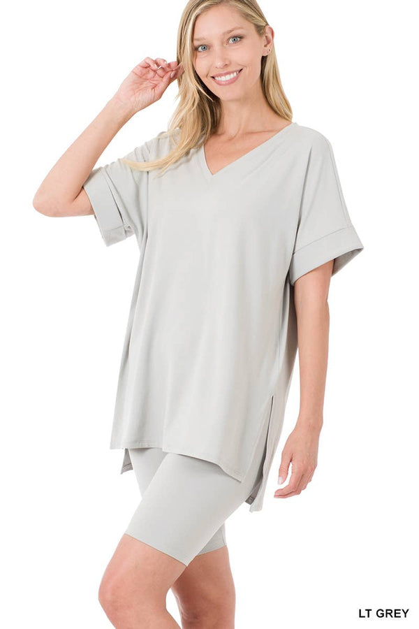Brushed Dty Microfiber V-neck Top & Biker Shorts
