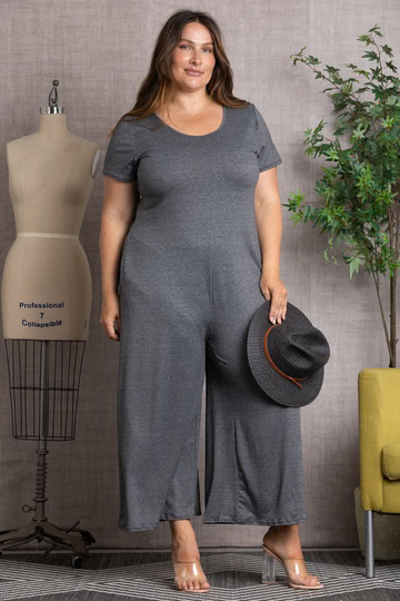 GREY SHORT SLEEVES WIDE LEG PLUS SIZE JUMPSUIT 
