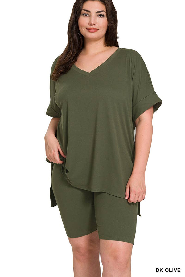 PLUS SIZE V-NCEK HI-LOW HEM TOP & BIKER SHORTS SET