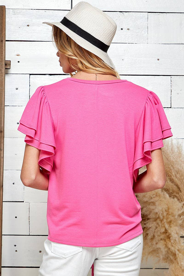 SPT5075. - WOMEN SOLID DOUBLE RUFFLED SLEEVE TOP W FRONT TIE