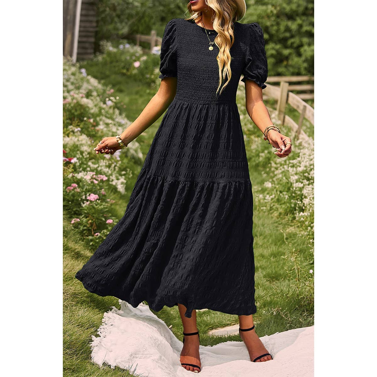 Pleated Tiered Solid Short Puff Sleeve A Line Dress