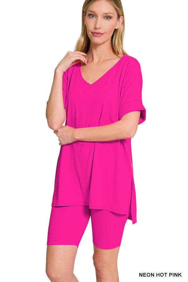 Brushed Dty Microfiber V-neck Top & Biker Shorts
