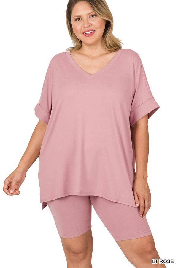 PLUS SIZE V-NCEK HI-LOW HEM TOP & BIKER SHORTS SET