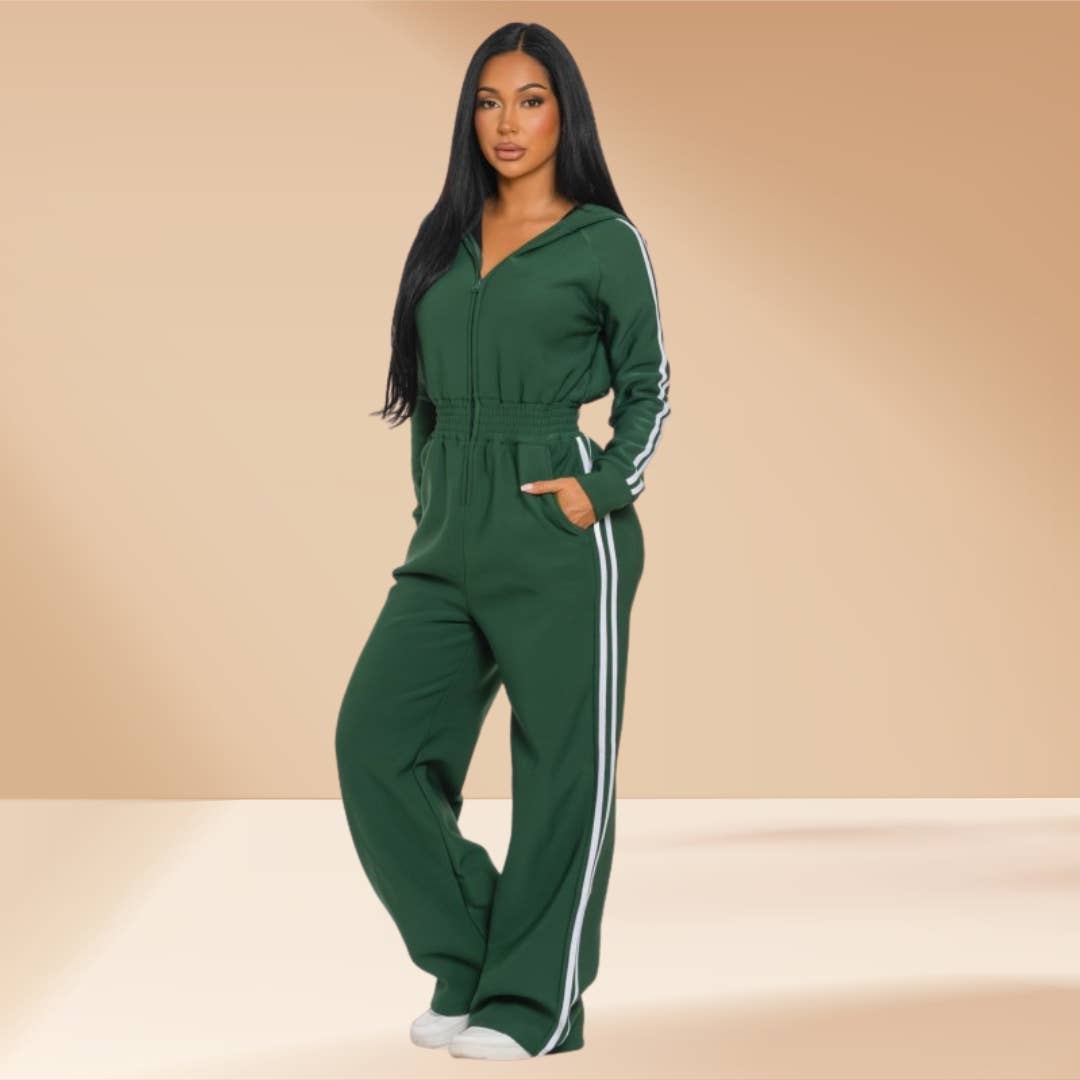 Jumpsuit Hooded Lined Fleece Side Stripes