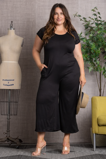 BLACK SHORT SLEEVES WIDE LEG PLUS SIZE JUMPSUIT 