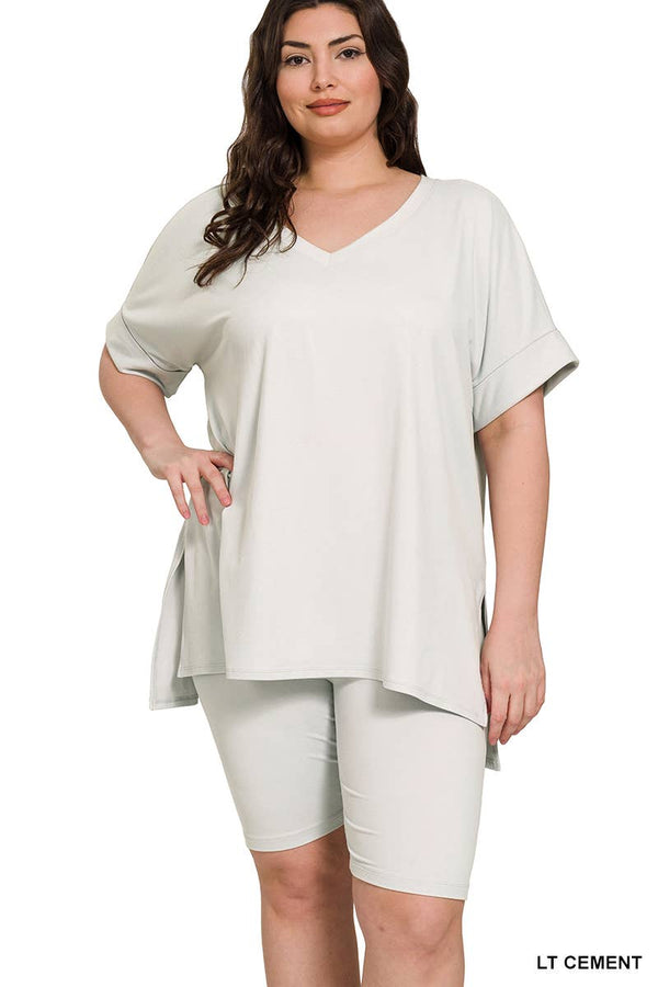 PLUS SIZE V-NCEK HI-LOW HEM TOP & BIKER SHORTS SET