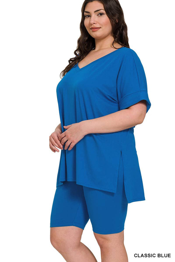 PLUS SIZE V-NCEK HI-LOW HEM TOP & BIKER SHORTS SET