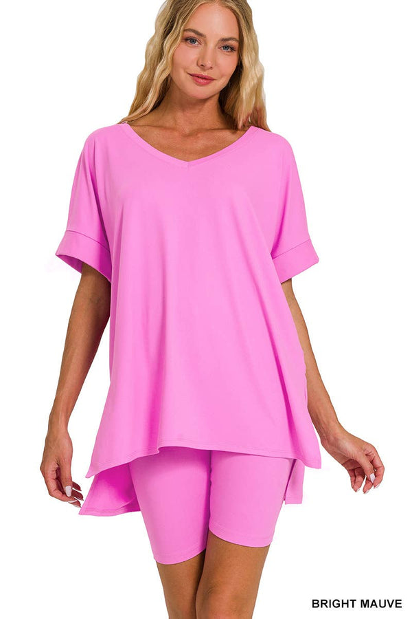 Brushed Dty Microfiber V-neck Top & Biker Shorts