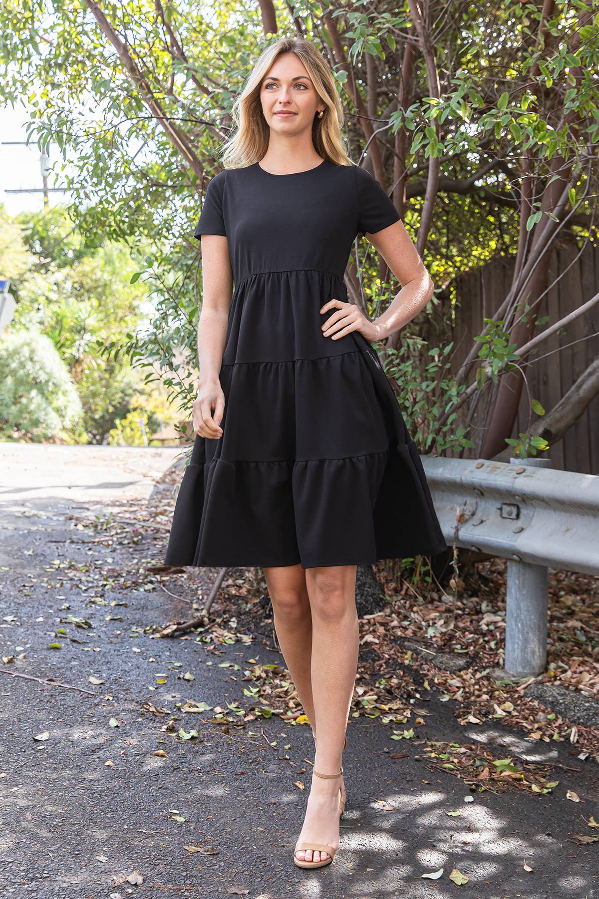 YMD10130V-SHORT SLEEVE SOLID TIERED DRESS