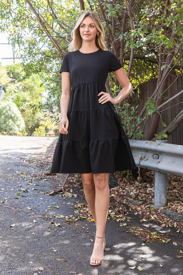 YMD10130V-SHORT SLEEVE SOLID TIERED DRESS