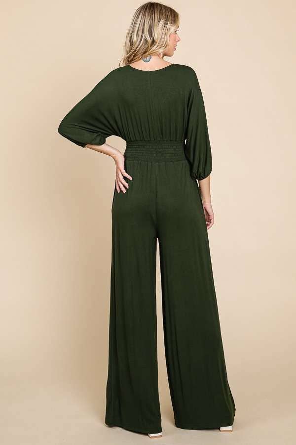 CAR1779Q-Smocking Waist Wide Jumpsuit