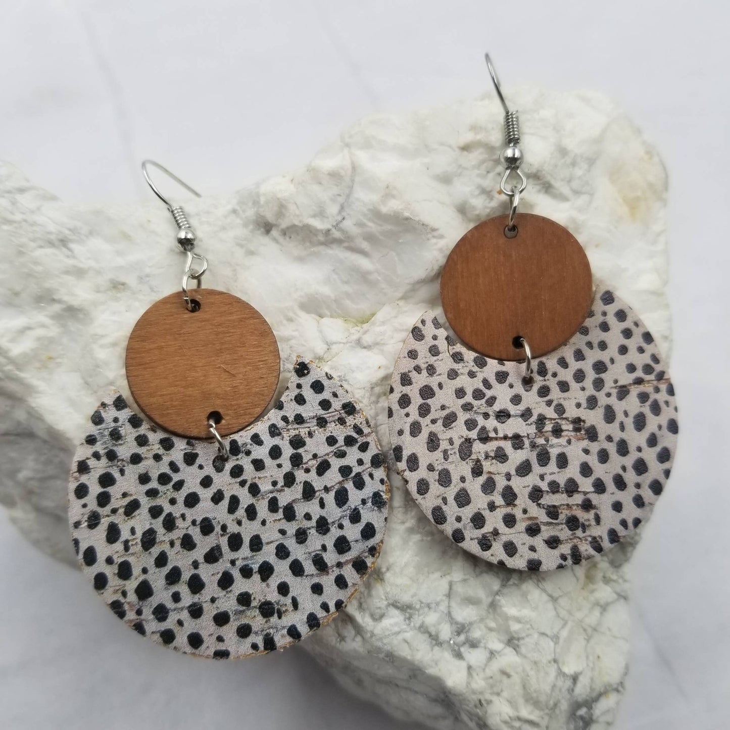 Wood+Leather Black Deco Round Earring